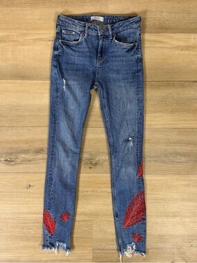 Zara Woman Embroidered Skinny Jeans Distressed Raw Hem Denim | Size 2